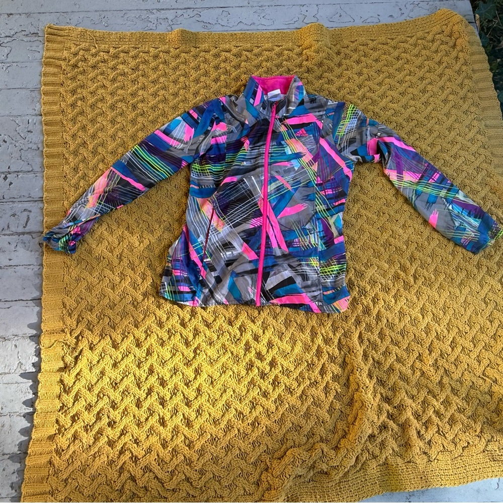 Adidas Windbreaker Jacket Girls Youth L 12 Watercolor Paint Swirl Full Zip Light